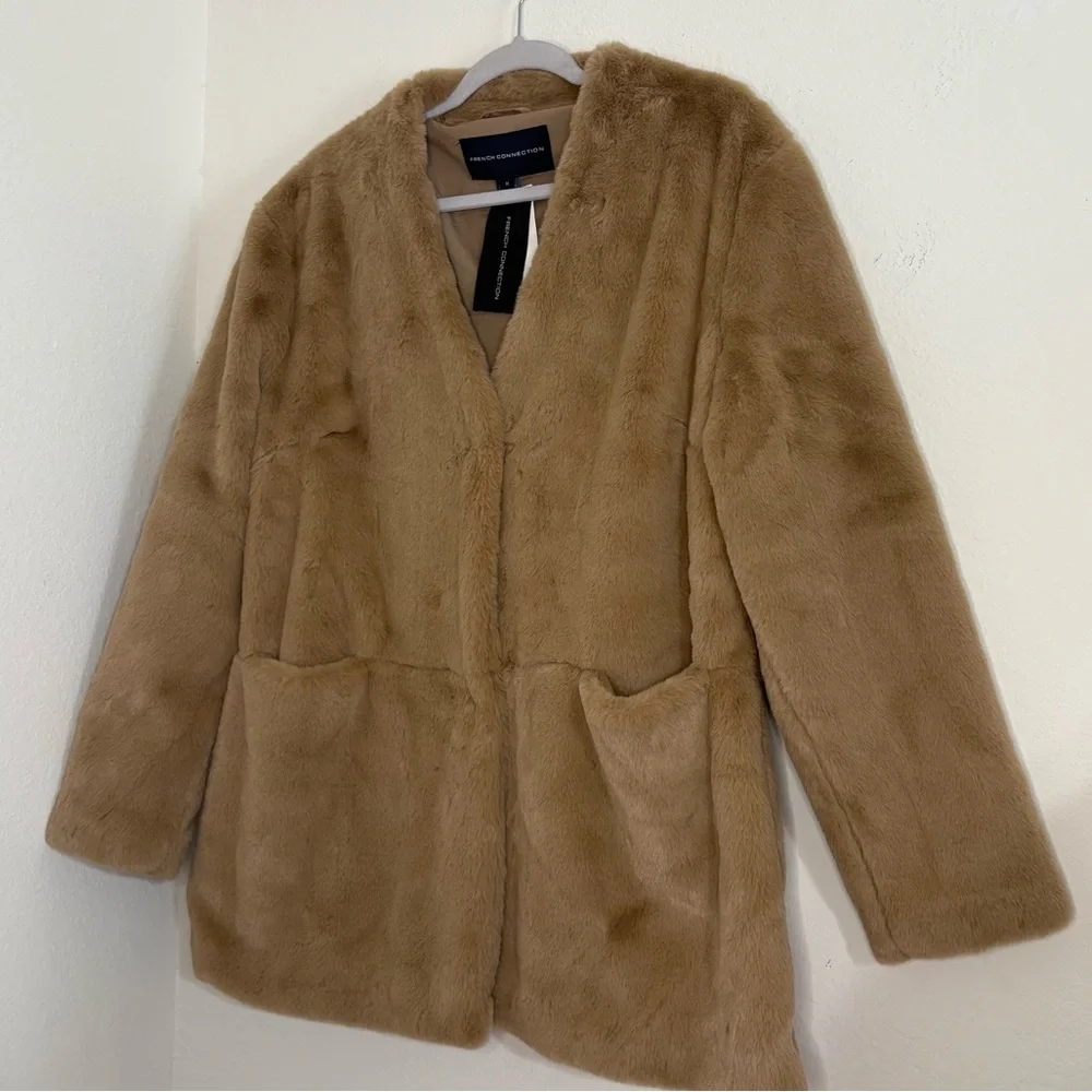 French Connection Camel Buona Faux Fur Coat Jacket NWT - Picture 2 of 11